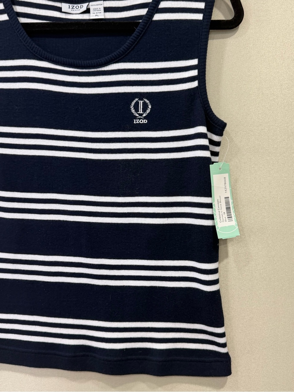 IZOD Women’s Navy White Striped Sleeveless Top Petite Large PL 100% Cotton NWT - Picture 2 of 10